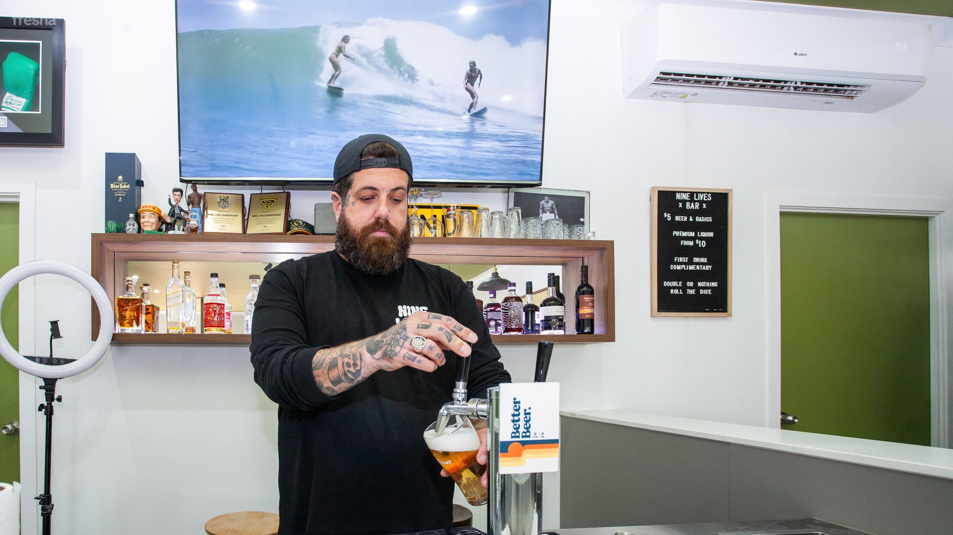The bar area — beer on tap at Nine Lives